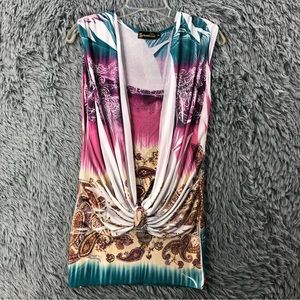 Shoreline Blouse Womens Small Medium Embellished Heart Drape Front Sleeveless 🎃